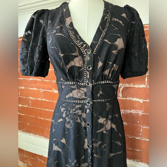 Anthropologie Ophelia Midi Dress Black Lace Puff Sleeve V Neck Button Front - Picture 10 of 16